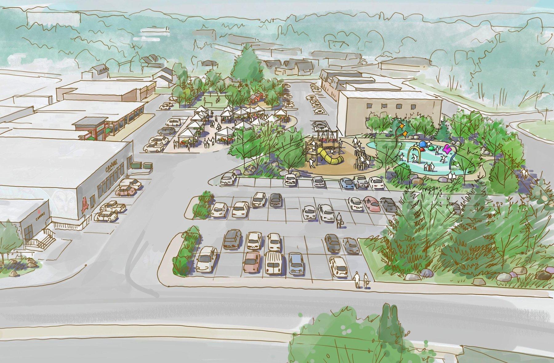 Aerial concept rendering of a redeveloped Brendale Square with a farmers' market plaza, playground, splash pad, landscaped green space and expanded public parking.