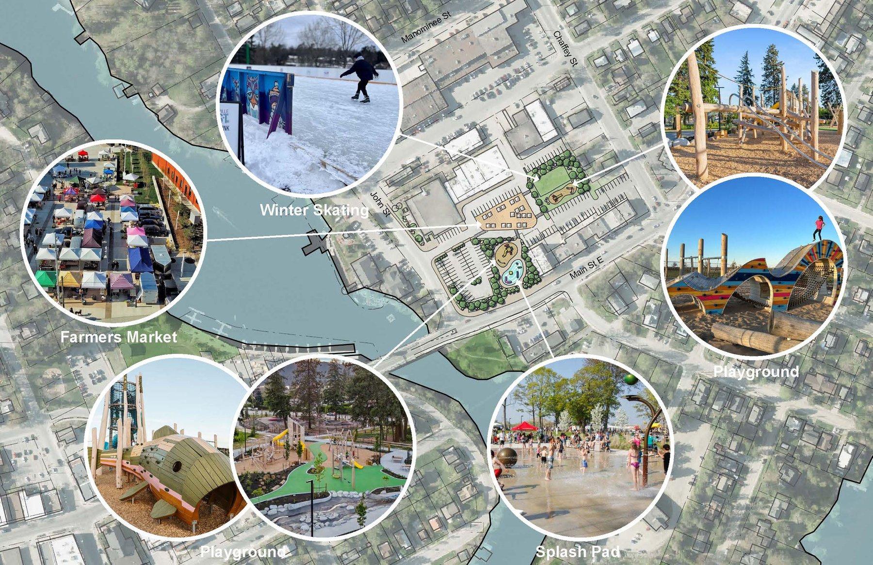 Site plan of the Brendale Square area between John Street, Chaffey Street and Main Street East, with photographs showing examples of a winter skating rink, a farmers' market, two natural playgrounds and a splash pad.