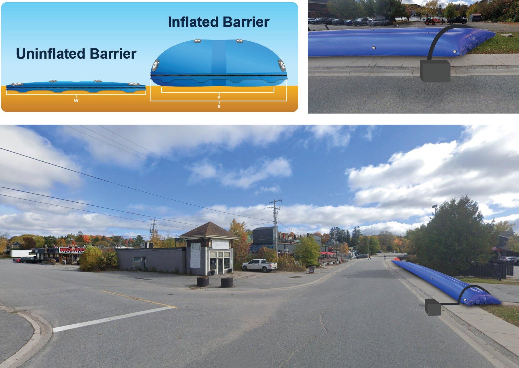 Diagram comparing an uninflated and inflated water-filled flood barrier, alongside street-level views of the blue barrier deployed along a Huntsville roadside.