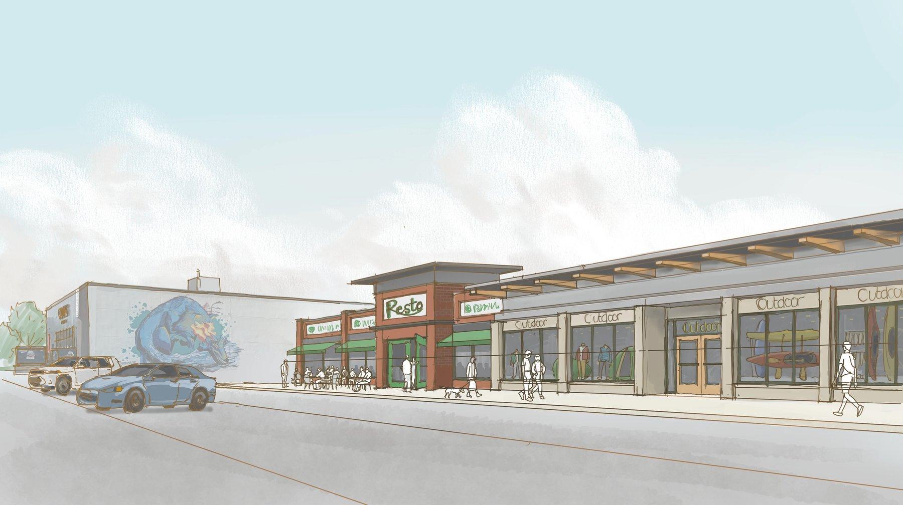 Street-level concept sketch of improved Brendale Square storefronts, showing a restaurant with a patio and an outdoor outfitter shop with new awnings and facades, with people walking along the sidewalk.