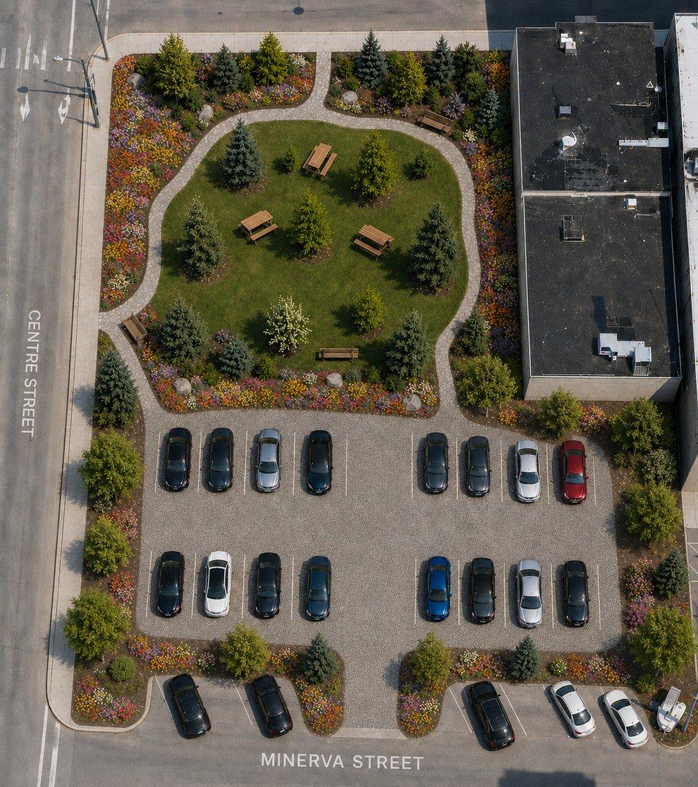 Concept rendering of the Empire lot reimagined as a landscaped green space with lawn, trees, shrubs, benches and pathways, alongside additional downtown parking.