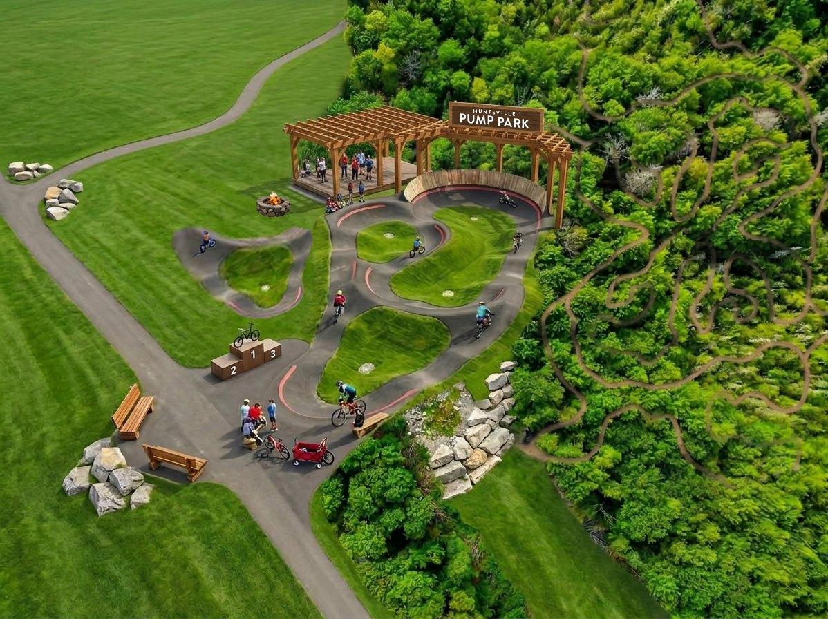 Concept rendering of the Huntsville Pump Park: riders on a looping paved pump track, a covered timber pavilion with a Huntsville Pump Park sign, a fire pit, a podium, benches and boulders, with mountain bike trails winding through the forest alongside.